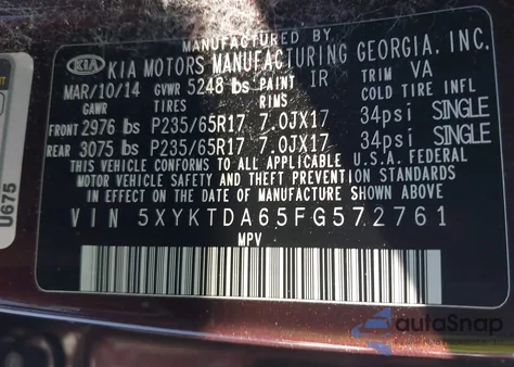 2015 Kia Sorento Lx из США, поврежденный, VIN 5XYKTDA65FG572761